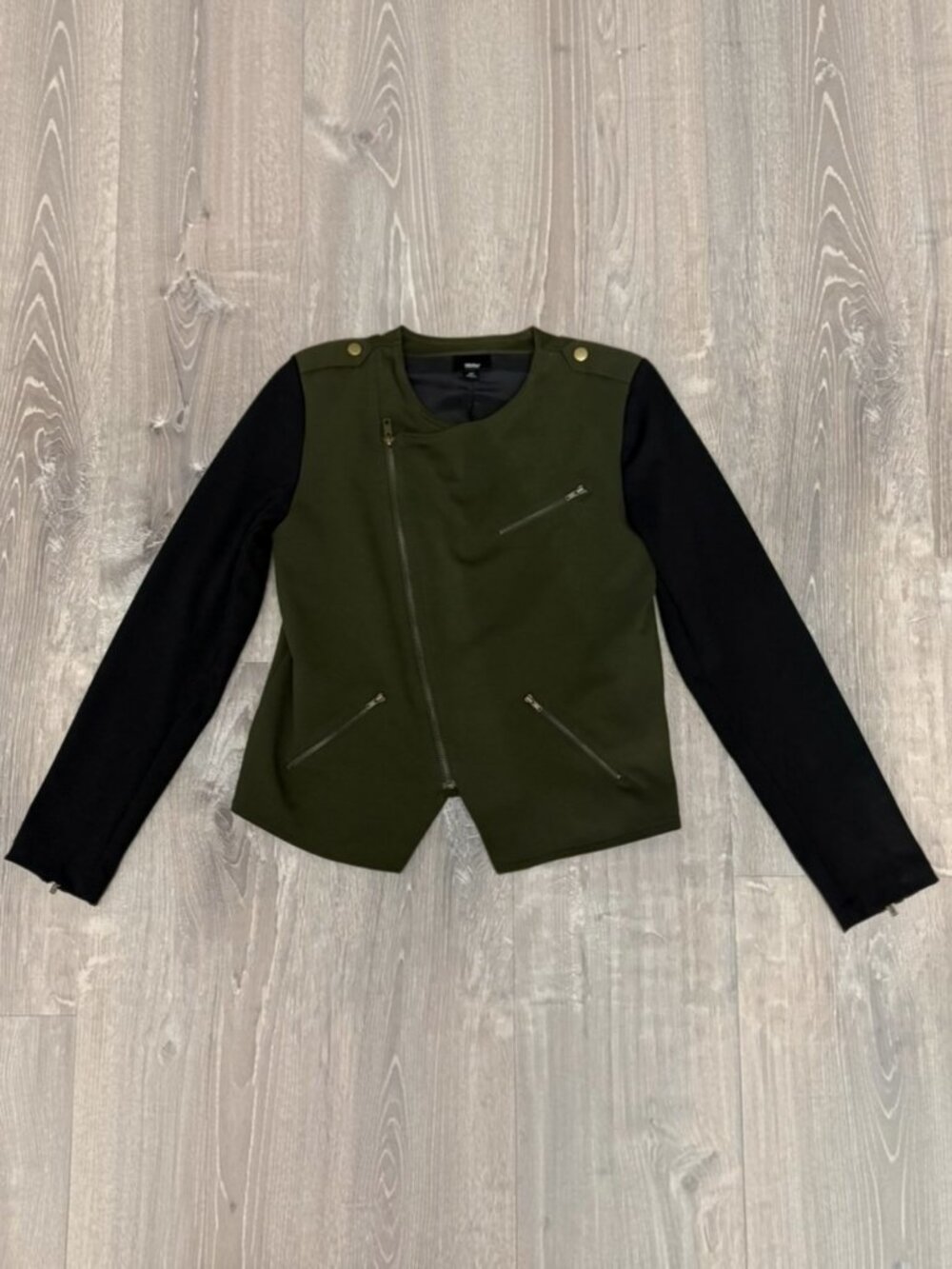 Mossimo Olive Green & Black Moto Jacket Blazer Small S Zip Color Block (851-6)